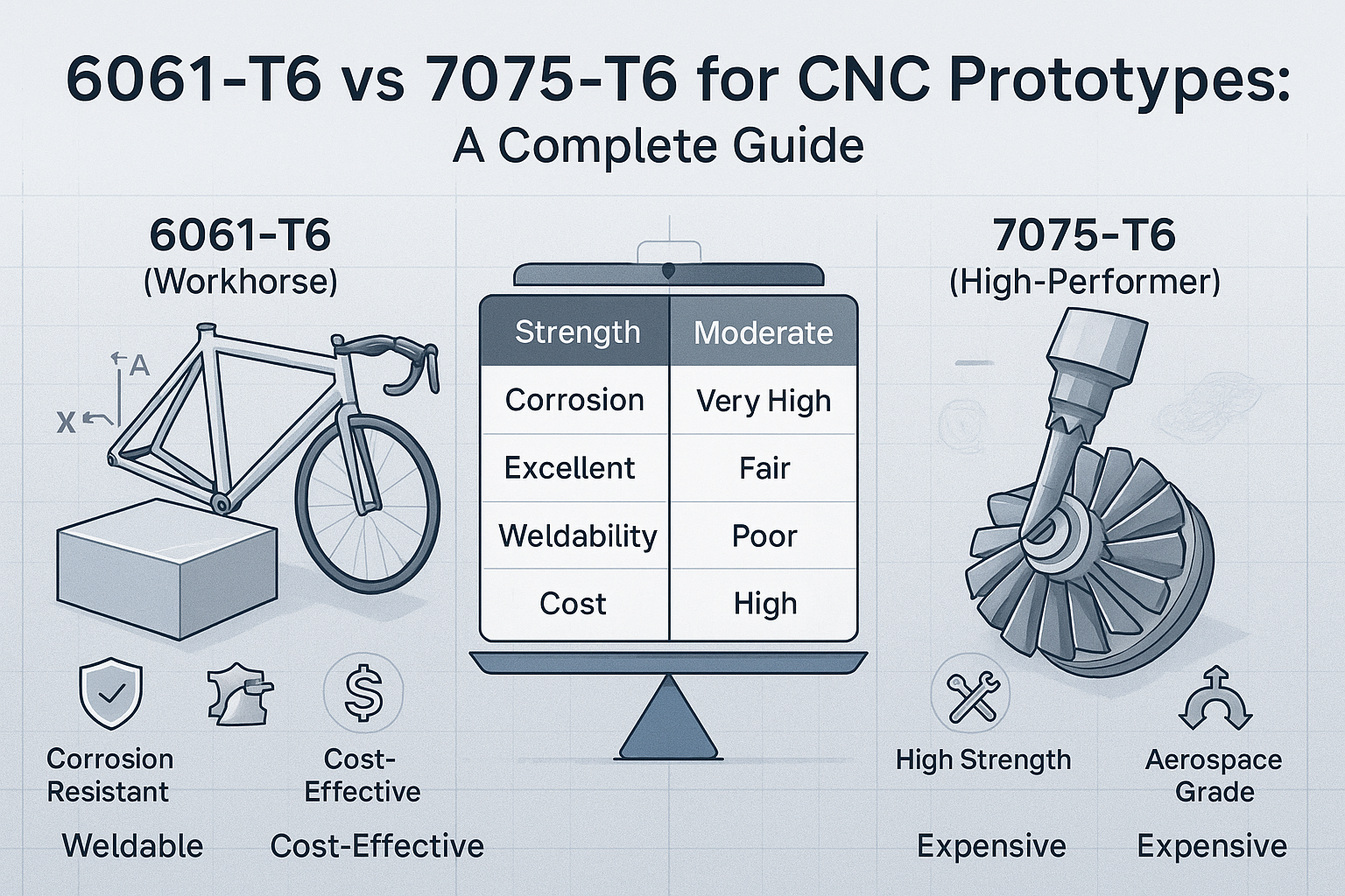 6061-T6 vs 7075-T6 para protótipos CNC